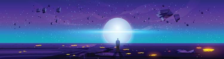 Man standing on futuristic planet watching moon vector illustration art design