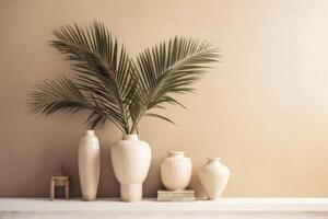 indoor view with pots and palm leaves photo