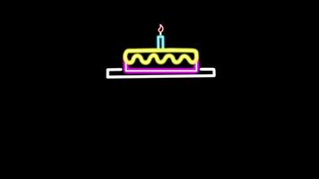 verjaardag taart met kaarsen. neon teken. abstract naadloos gelukkig verjaardag 4k video animatie. video animatie van gloeiend neon abstractie blauw roze wit gelukkig verjaardag Aan een zwart achtergrond.