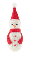 Knitted Christmas snowman in red hat and scarf isolated on transparent background. Stock photo png