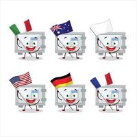 Digital safe box cartoon character bring the flags of various countries vector