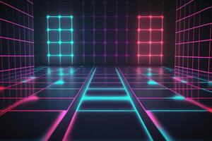 Neon Light Retro Background Futuristic Grid Landscape of the 80s, Digital Cyber Surface. photo