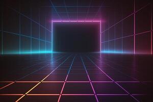 Neon Light Retro Background Futuristic Grid Landscape of the 80s, Digital Cyber Surface. photo