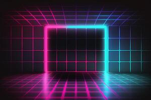 Neon Light Retro Background Futuristic Grid Landscape of the 80s, Digital Cyber Surface. photo