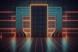 Neon Light Retro Background Futuristic Grid Landscape of the 80s, Digital Cyber Surface. photo