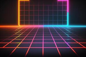 Neon Light Retro Background Futuristic Grid Landscape of the 80s, Digital Cyber Surface. photo