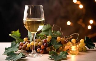 Glass of white wine with bunch of grapes on wooden table in front of blurred lights photo