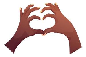 dos manos haciendo un corazón forma étnico negro en dibujos animados estilo aislado en blanco antecedentes. . vector ilustración