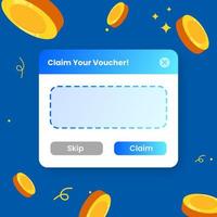 Voucher claim pop up in flat design style. Floating coin vector illustration.