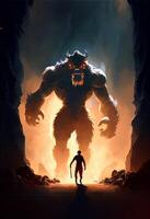 man standing in front of a giant monster. . photo