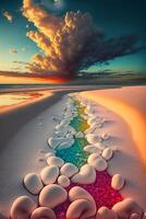 rainbow of rocks on a beach at sunset. . photo