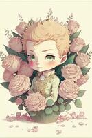 drawing of a boy surrounded by flowers. . photo