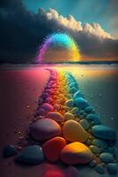 arco iris de rocas en un playa a puesta de sol. generativo ai. foto