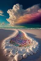 beach with pebbles arranged in the shape of a rainbow. . photo