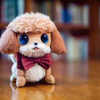 close up of a stuffed dog wearing a bow tie. . photo