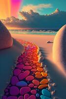 rainbow of rocks on a beach at sunset. . photo