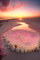 corazón hecho de rocas en un playa a puesta de sol. generativo ai. foto