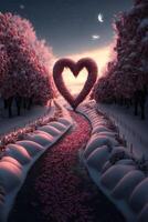 corazón conformado árbol en el medio de un Nevado camino. generativo ai. foto