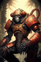 painting of a gorilla in armor in a forest. . photo