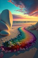 rainbow of rocks on a beach at sunset. . photo