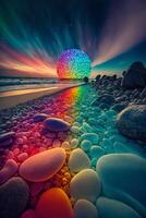 colorful ball sitting on top of a beach next to a body of water. . photo