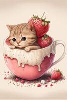 cat sitting in a cup filled with strawberries. . photo