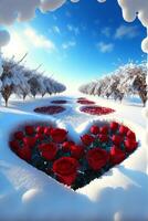 heart shaped arrangement of red roses in the snow. . photo