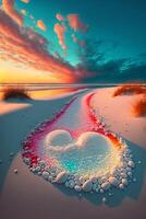 heart shaped rock sitting on top of a sandy beach. . photo