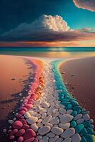 rainbow of rocks on a beach at sunset. . photo