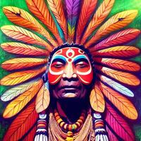 pintura de un indio hombre con plumas en su cabeza. generativo ai. foto