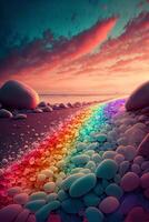 arco iris de rocas en un playa a puesta de sol. generativo ai. foto
