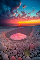 sunset reflecting in a pool of water on a beach. . photo