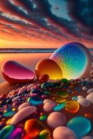 group of colorful rocks sitting on top of a beach. photo