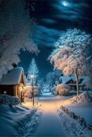snowy village at night with a full moon in the sky. . photo
