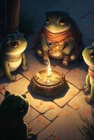 group of frogs sitting around a campfire. . photo