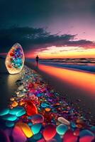 person walking on a beach next to the ocean. . photo