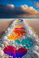 rainbow of rocks on a beach at sunset. . photo