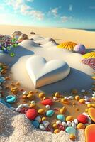 heart shaped object sitting on top of a sandy beach. . photo