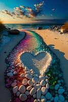 there is a heart made out of flowers on the beach. . photo