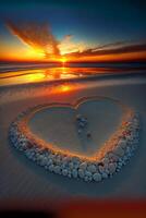 heart made of rocks on a beach at sunset. . photo