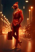 man in a gold suit walking down a street. . photo