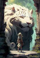 woman standing in front of a giant white tiger. . photo