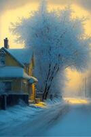 calle cubierto en nieve siguiente a un amarillo casa. generativo ai. foto