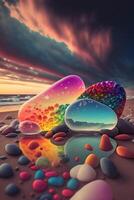 group of rocks sitting on top of a sandy beach. . photo