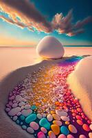 large egg sitting on top of a sandy beach. photo