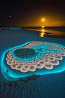 glass ball sitting on top of a sandy beach. . photo