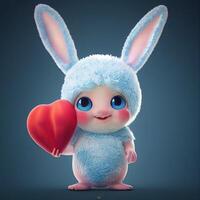 cartoon bunny holding a heart on a pink background. . photo