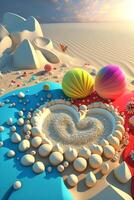 corazón conformado globo volador terminado un arenoso playa. generativo ai. foto