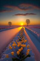 field of yellow tulips in the snow. . photo