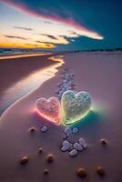 couple of hearts sitting on top of a sandy beach. . photo